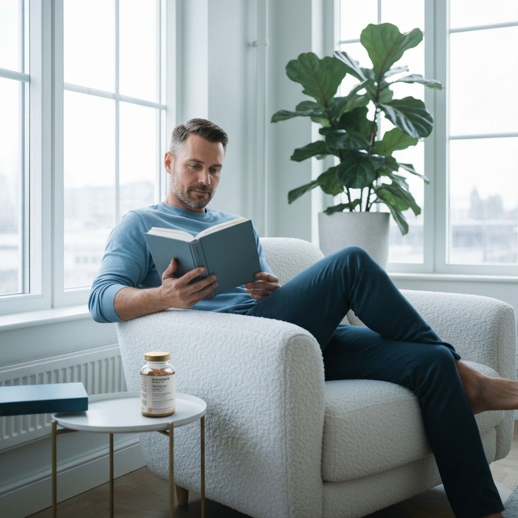 Man reading in bright room with supplement bottle on shelf